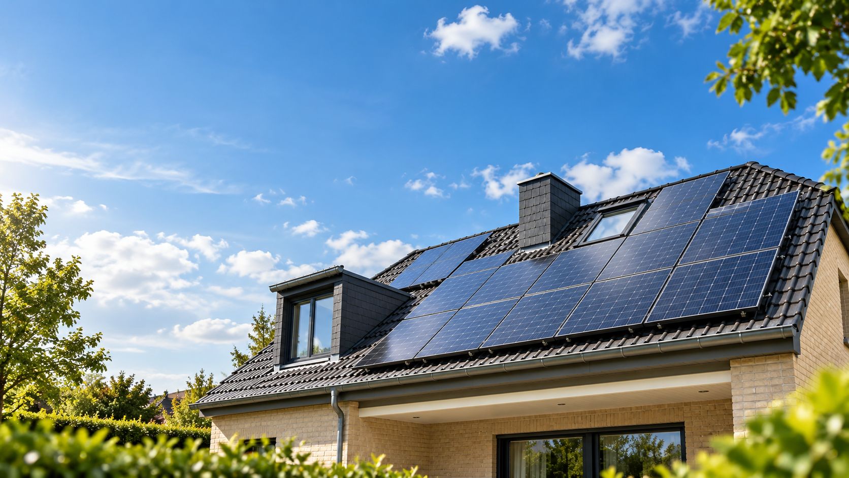 Einfamilienhaus mit Photovoltaik-Anlage auf dem Dach bei Sonnenschein