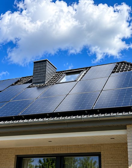 Photovoltaik-Anlage auf dem Satteldach eines Wohnhauses