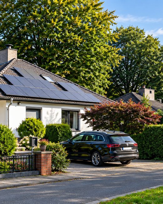Wohnhaus mit Photovoltaik-Anlage in einem ruhigen Wohngebiet